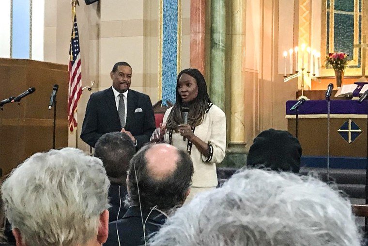 Deborah Enix-Ross speaking at the Salem United Methodist Church in Harlem with Senior Pastor Rev. Marvin A. Moss.