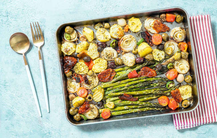 Roasted asparagus and potatoes in one pan.
