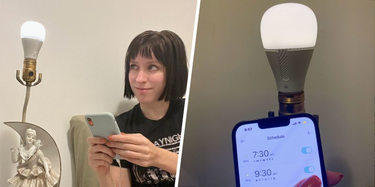 Split image of a Woman on her phone and a close up of a phone and light bulb