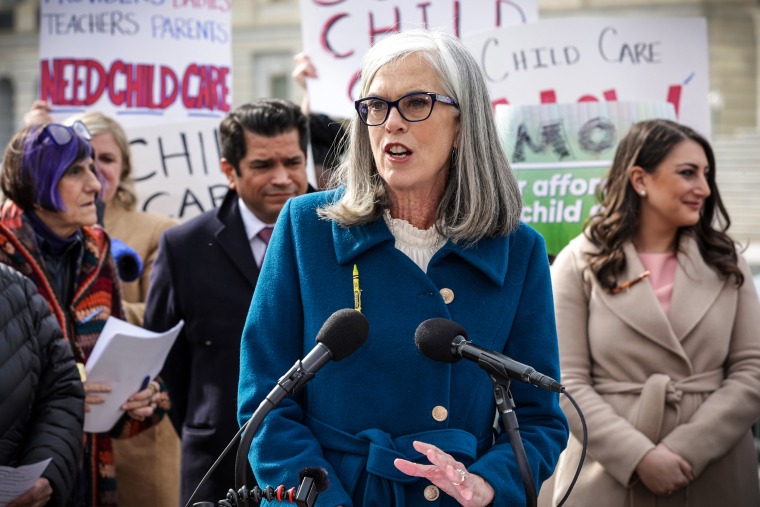 Image: House Minority Whip Rep. Katherine Clark, D-Mass., speaks during a news conference in front of the U.S. Capitol on Feb. 7, 2023.