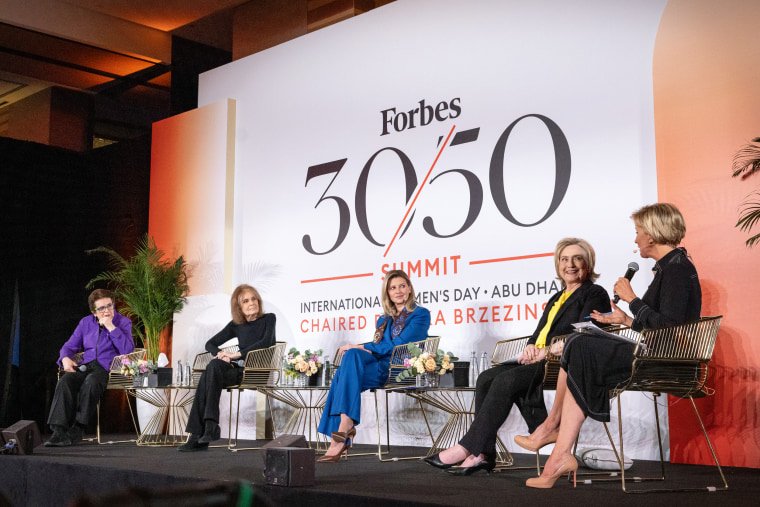 Know Your Value founder Mika Brzezinski, right, co-moderates a conversation at the 30/50 Summit with former Secretary of State Hillary Clinton, Ukrainian first lady Olena Zelenska, Gloria Steinem and Billie Jean King.