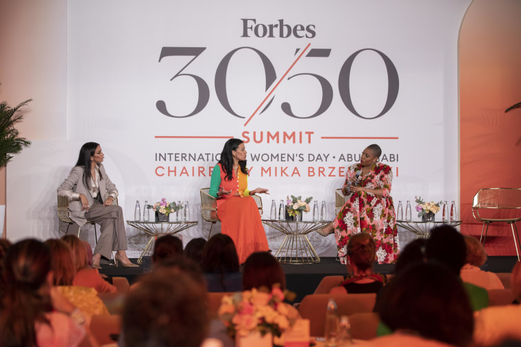From left to right: "I Am A Voter" co-founder Mandana Dayani, "15 Percent Pledge" founder Aurora James and MSNBC host Symone Sanders-Townsend at Know Your Value's and Forbes' recent 30/50 summit in Abu Dhabi.