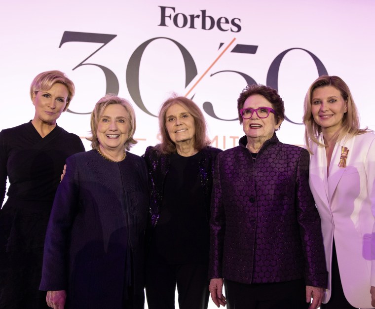From left to right: Know Your Value founder Mika Brzezinski, former Secretary of State Hillary Clinton, journalist and activist Gloria Steinem, tennis icon Billie Jean King, and Ukraine First Lady Olena Zelenska at the 30/50 Summit in Abu Dhabi on March 8, 2023.