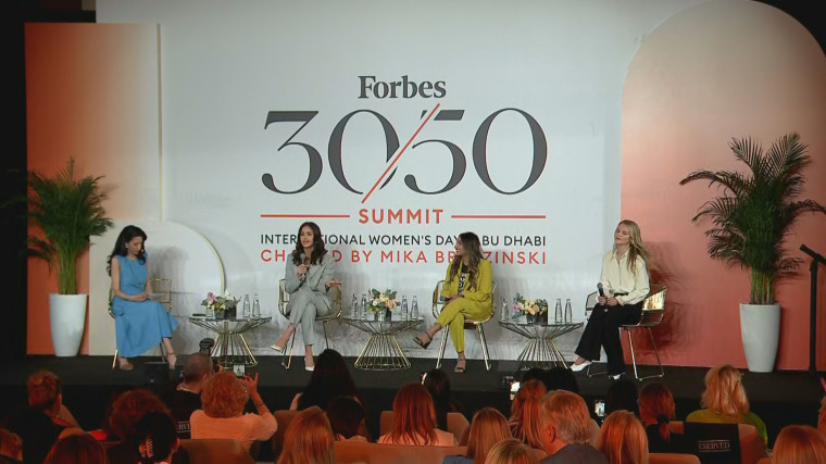 Jessica Alba speaks onstage at the Know Your Value and Forbes' 30/50 Summit alongside Huma Abedin, Kelly Sawyer Patricof, and Suneera Madhani