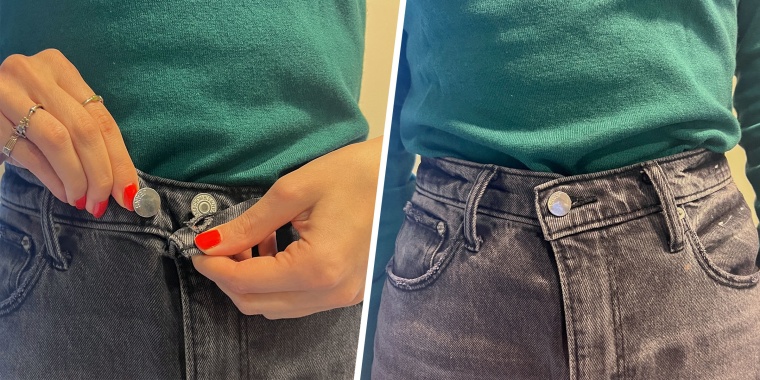 Split image of someone using a jean button to make their pants fit better