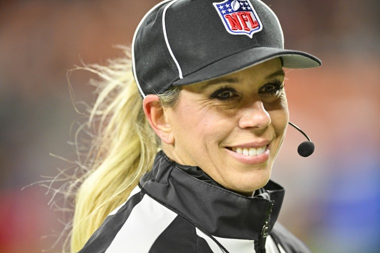 NFL down judge Sarah Thomas during the first half of a game between the Cleveland Browns and the Baltimore Ravens on Dec. 17, 2022, in Cleveland.