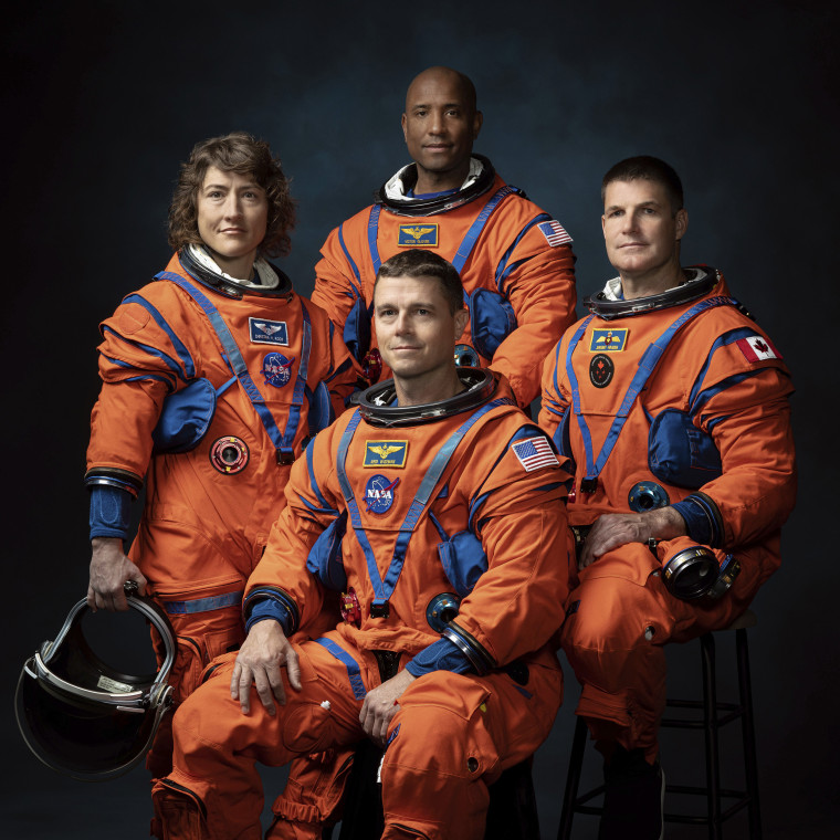 NASA Astronauts Christina Koch, Victor Glover, Reid Wiseman, and Canadian Space Agency Astronaut Jeremy Hansen at the Johnson Space Center in Houston on March 29, 2023. On Monday, April 3, 2023, NASA announced them as the crew who will be the first to fly