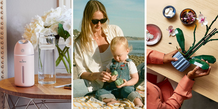 Split image of Hey Dewy, a mom and son and a Woman building a lego flower