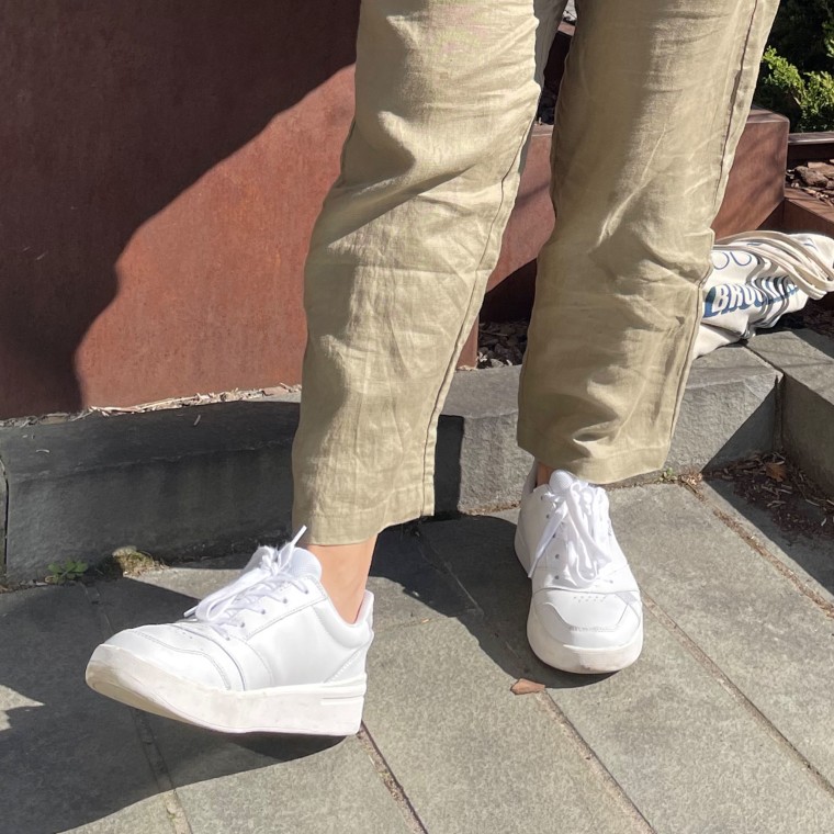 You can pair Keds' The Court Leather kicks with loose, lightweight pants, as Shop TODAY associate editor Fran Sales does, above.