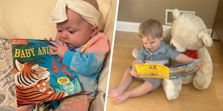 Split image of two babies with an indestructible book from Amazon