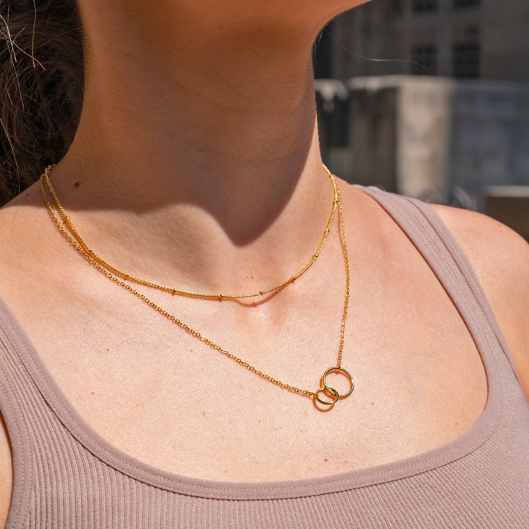 Commerce writer Danielle Murphy wearing her Chesky layered necklaces.