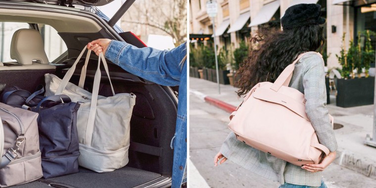 Split image of a Woman wearing a stylish weekend bag on her shoulder and someone packing a trunk