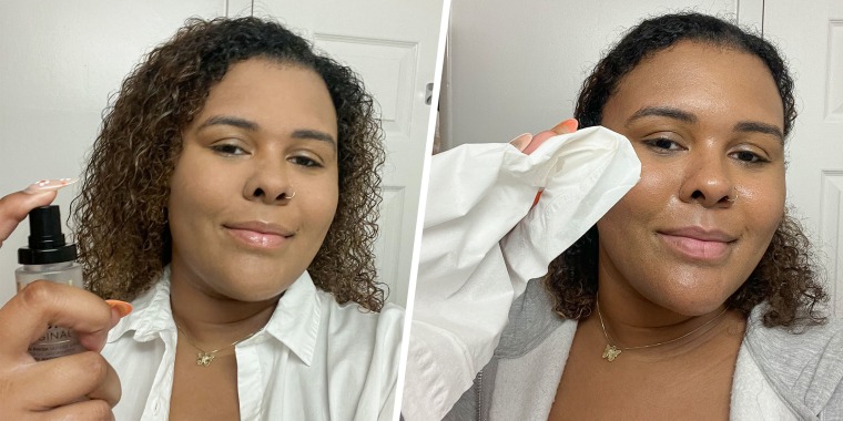 Split image of Editor spraying the Milani spray and then wiping makeup away 10 hours later