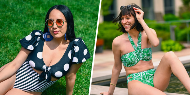 Split image of two Women wearing high-waisted bathing suits