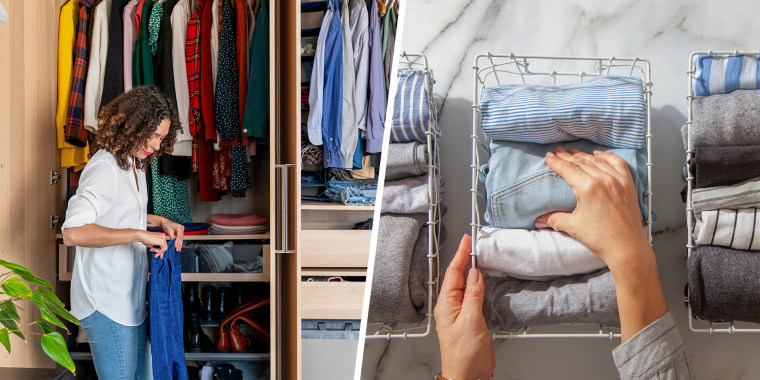 Split image of a Woman organizing her closet and overhead image of neat bins