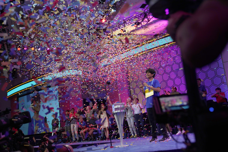 Dev Shah, 14, from Largo, Florida, reacts to winning the Scripps National Spelling Bee on Thursday, June 1, 2023, in Oxon Hill, Maryland.