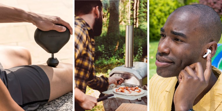 Mini TheraGun, Ooni pizza oven and a man using Airpods