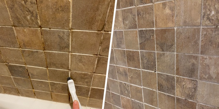 Split image of someone cleaning shower tiles and an after of clean shower tiles