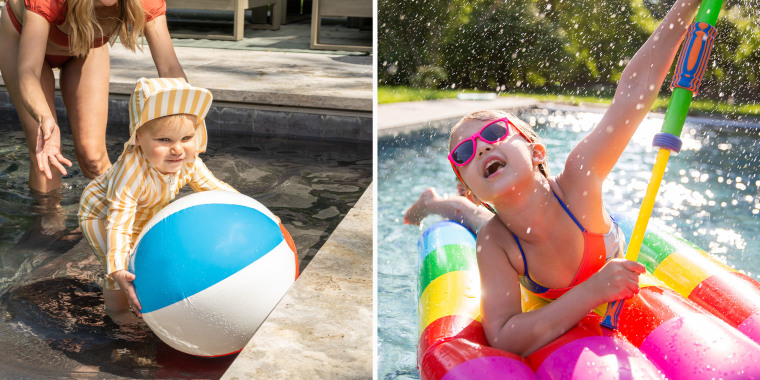 Little Girl playing in the pool, on a pool float, and a little boy playing with a ball in the pool