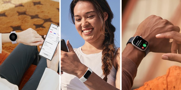 Woman with a Galaxy 5 watch, looking at her phone, Apple Watch and a white fitbit