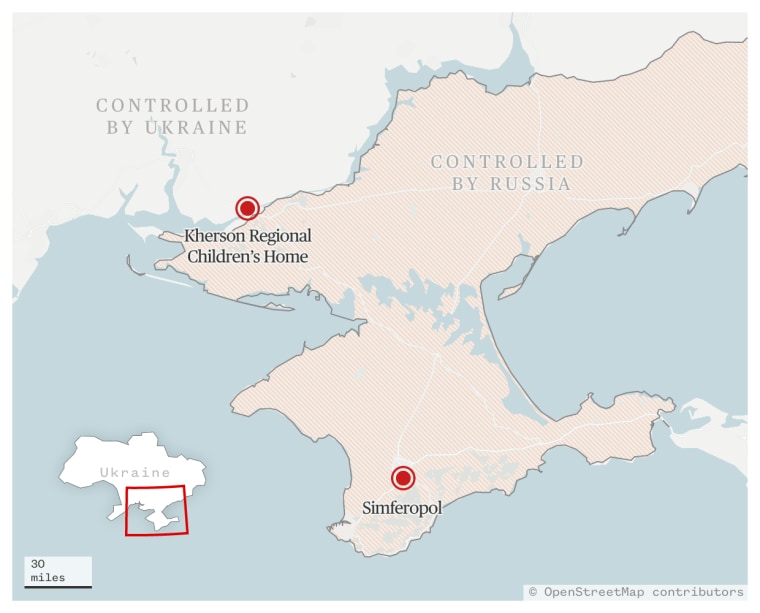Map of southern Ukraine showint territory controlled by Ukraine and Russia. Two dots on the map: the Kherson Regional Children's home, where the babies were taken from, and Simferopol in Crimea, where they were moved to.
