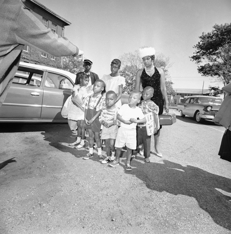 Lela Mae Williams, 36, of Huttig, Ark., and seven of her nine children on arrival in Hyannis, Mass., May 23, 1962.