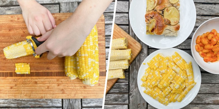 Split image of a hand using a corn peeler ode and a plate of corn and food