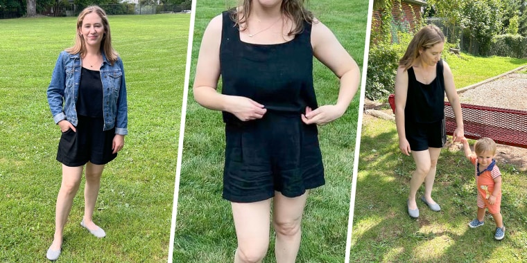 Woman wearing a black linen short and matching top set outside