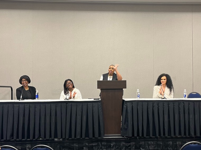 From left to right: Dr. Kim Smith-Whitley, Teonna's Woolford, Symone Sanders Townsend and Akilah Coleman during Pfizer's 'Turning Conversation into Action: Addressing Health Disparities in the Black Community' panel at NABJ.