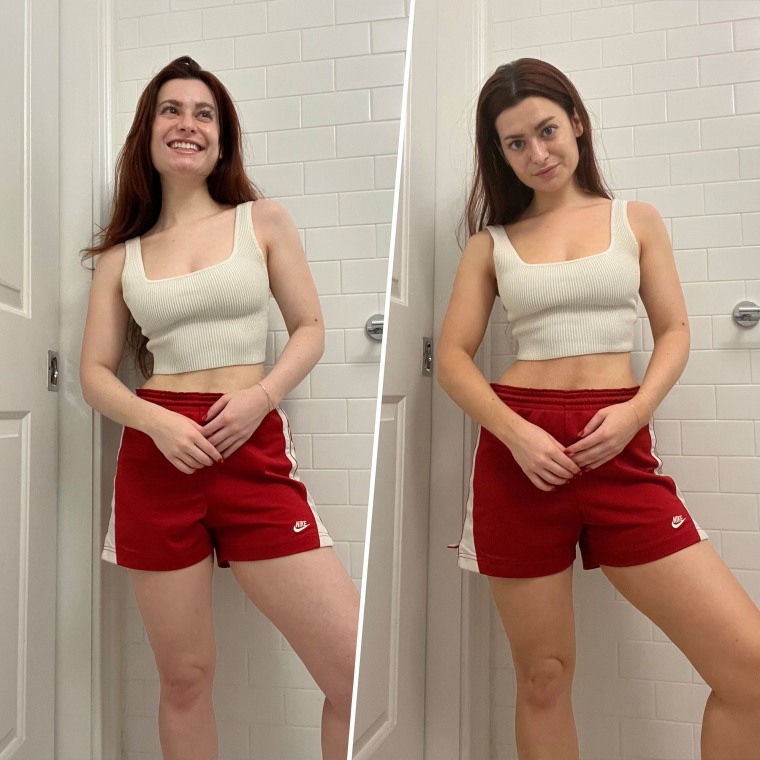 Before and After of a Woman standing in her bathroom, after using self-tanner