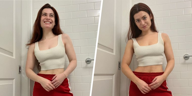 Before and After of a Woman standing in her bathroom, after using self-tanner