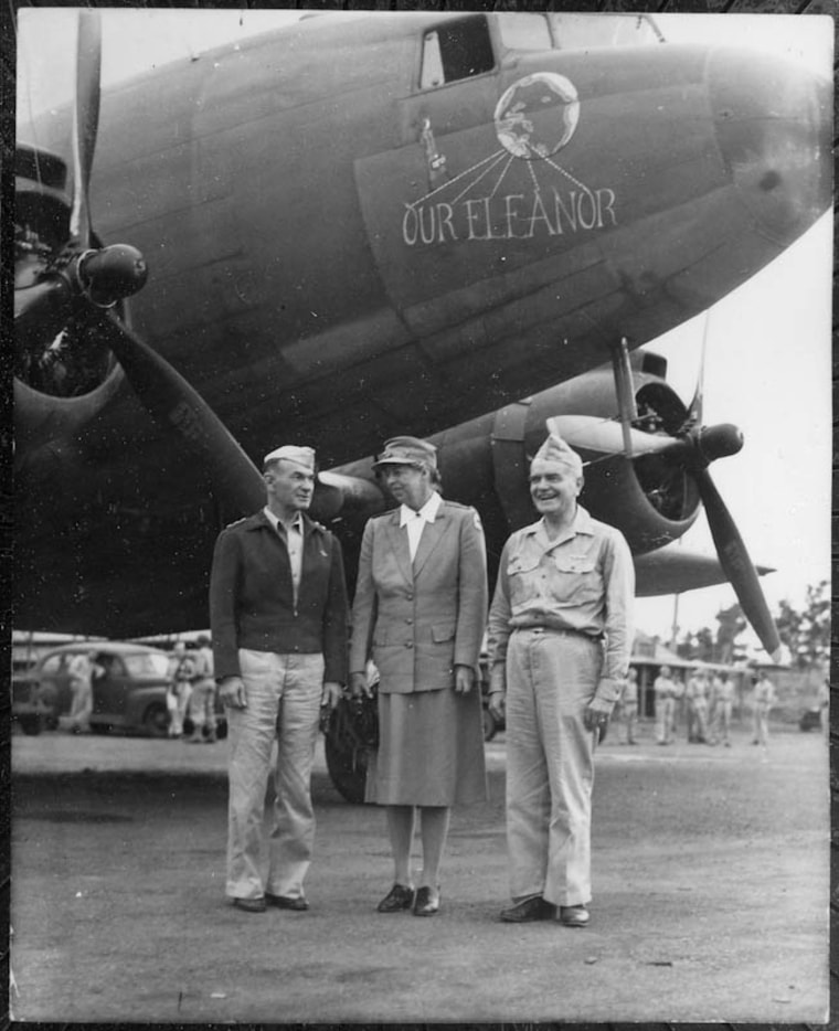 Eleanor Roosevelt with Lt. General Millard F. Harmon (left) and Admiral William F. Halsey.