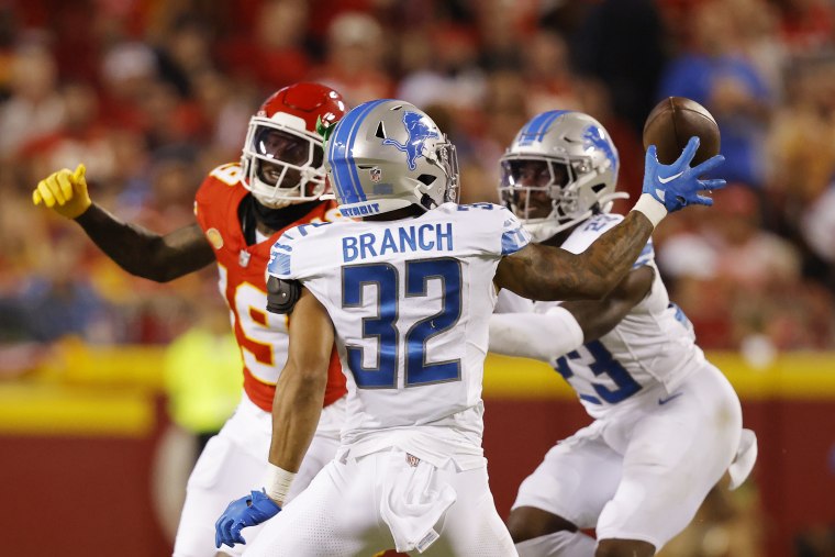 Detroit Lions rookie defensive back Brian Branch intercepts a dropped pass from Kansas City Chiefs superstar Patrick Mahomes and returns it to the end zone for a pick-six. It was a turning point in the Thursday Night NFL kickoff game on NBC that saw the L