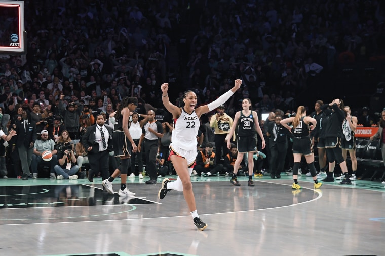 Las Vegas Aces superstar A'ja Wilson celebrates after her team won its second consecutive WNBA title on Wednesday, October 18, 2023 at Barclays Center in Brooklyn, New York. The Aces defeated the New York Liberty to go back-to-back with Wilson named \"Fi