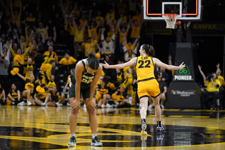 College basketball superstar Caitlin Clark after she hit an impossible 30-foot three-pointer at the buzzer to give Iowa the win over Michigan State on Tuesday, Jan. 2, 2024, in Iowa City, Iowa.