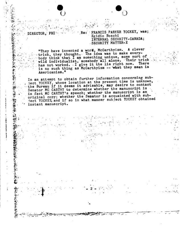 \"The Bureau... may desire to contact Senator McCarthy\"