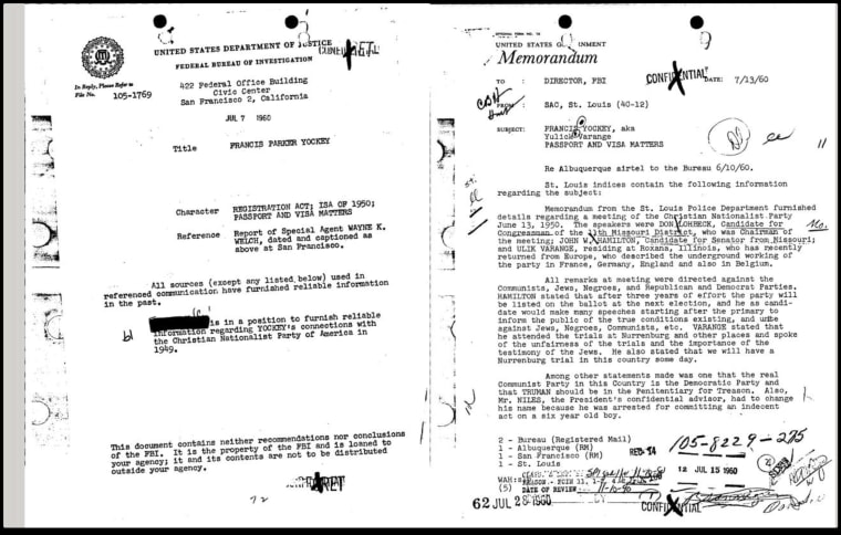 \"Yockey's connections with the Christian Nationalist Party of America\"