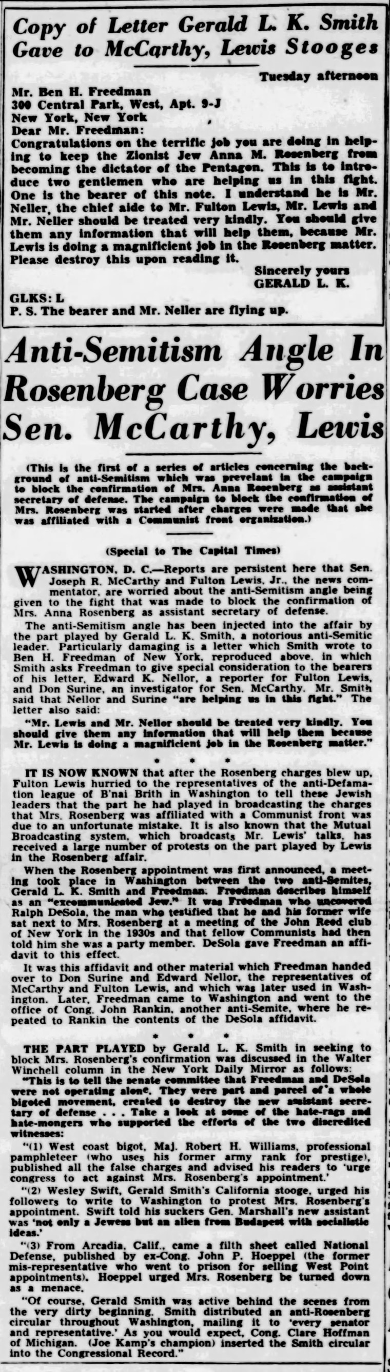 \"Anti-Semitism Angle in Rosenberg Case\"