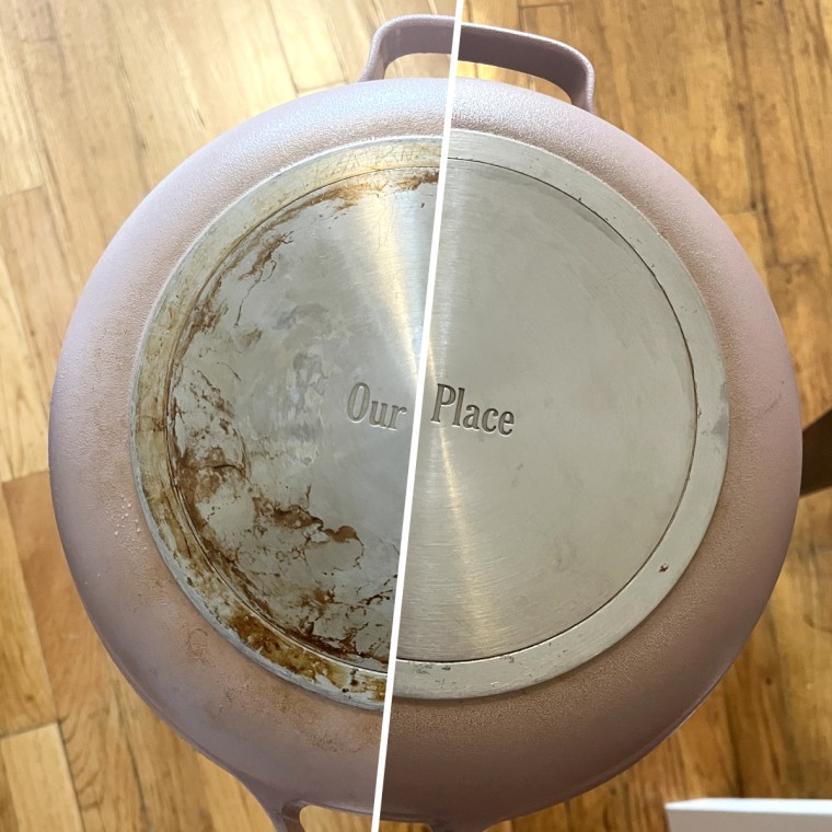 Bar Keepers Friends cleaned the stains off the bottom an old pan. 
