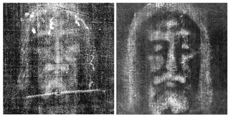 Archive negative image of the Shroud of Turin is shown next to one recreated by an Italian scientist in Pavia