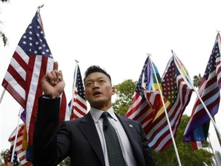 Lieutenant Choi, who was recently dismissed from the U.S. Army for admitting he was gay, speaks during a rally outside the Beverly Hilton hotel in Beverly Hills