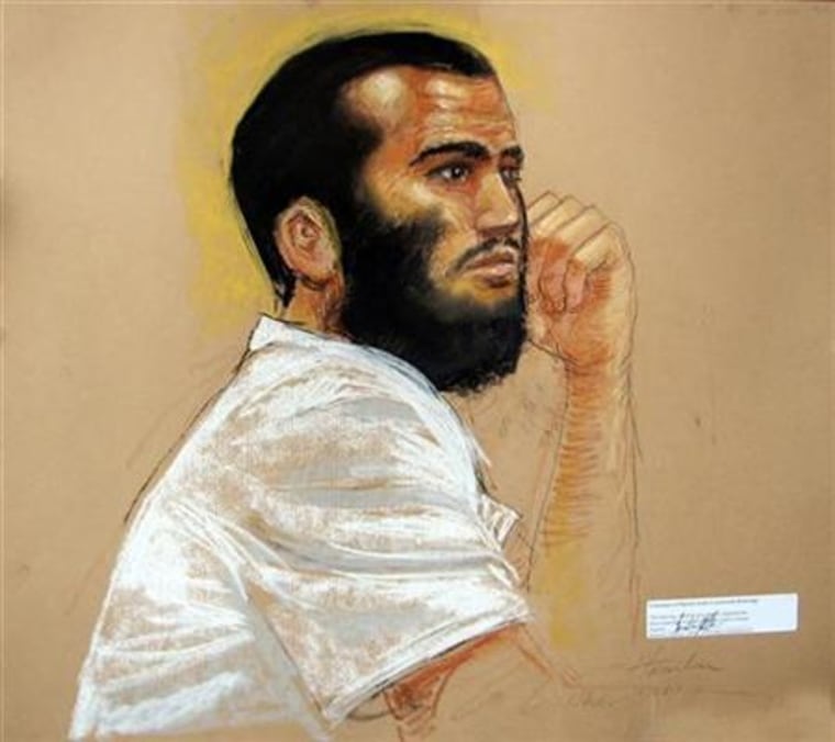 Courtroom sketch of Canadian defendant Khadr attending a hearing at Guantanamo Bay