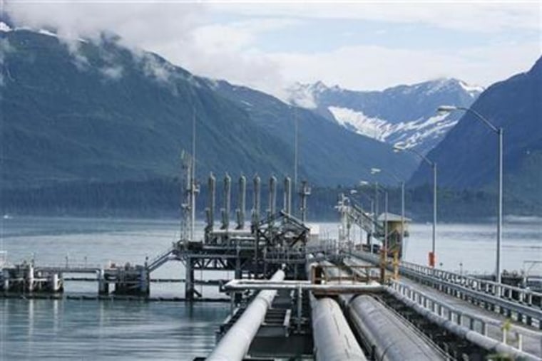A mooring station for oil tankers can be seen at the Trans-Alaska Pipeline Marine Terminal in Valdez, Alaska
