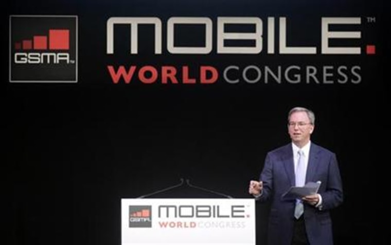 Google CEO Eric Schmidt delivers a speech at the GSMA Mobiel World Congress in Barcelona