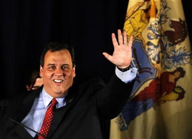 File photo of New Jersey Governor-elect Christie greeting supporters before delivering his victory speech in Parsippany