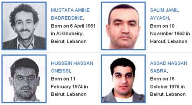 The website of the U.N.-backed Special Tribunal for Lebanon shows the pictures of four men wanted for the assassination of statesman Rafik al-Hariri in this screen capture made in Singapore