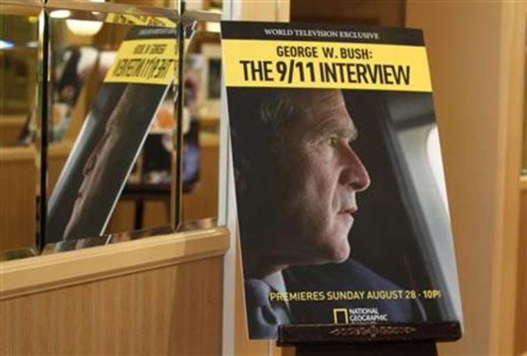 A poster promoting the National Geographic Channel documentary marking the tenth anniversary of 9/11 'George W. Bush the 9/11 Interview' in Beverly Hills
