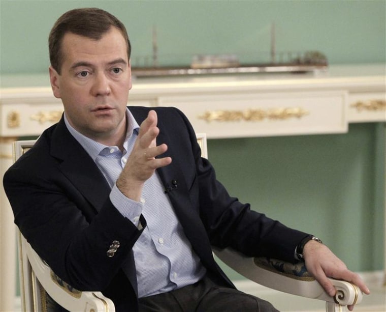 Russia's President Medvedev speaks to a group of Russian regional journalists in the Gorki residence outside Moscow