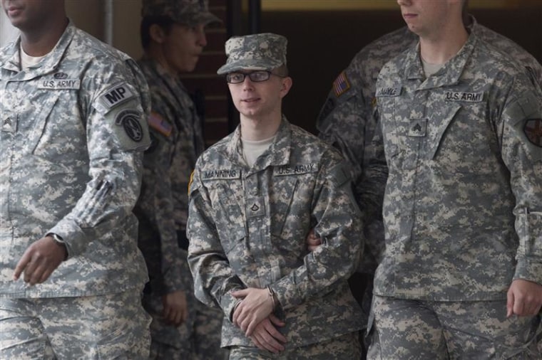 Bradley Manning is escorted by military police from the courthouse at Fort Meade in Maryland