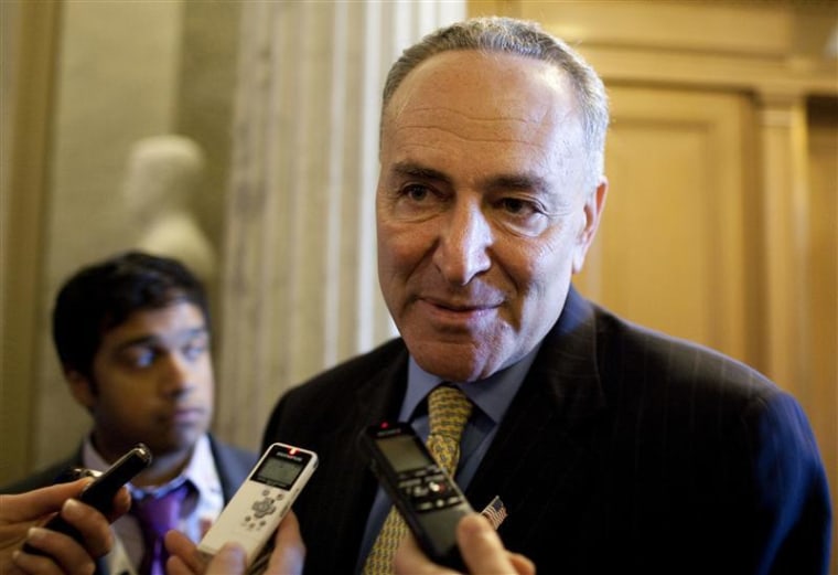 Senator Schumer (D-NY) speaks to the media before  voting on a bill allowing a rise in the debt ceiling on Capitol Hill